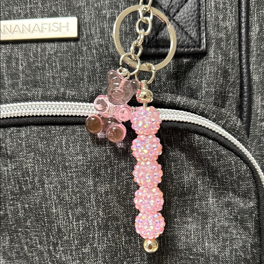 Pink Beaded Keychain with Bear Charm